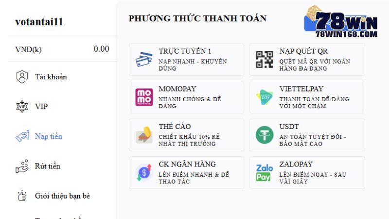 Tổng hợp các cách thức nạp tiền 78win